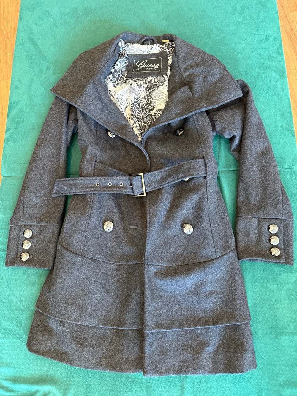 Guess Women's Gray Wool Blend Belted Trench Peacoat Size M